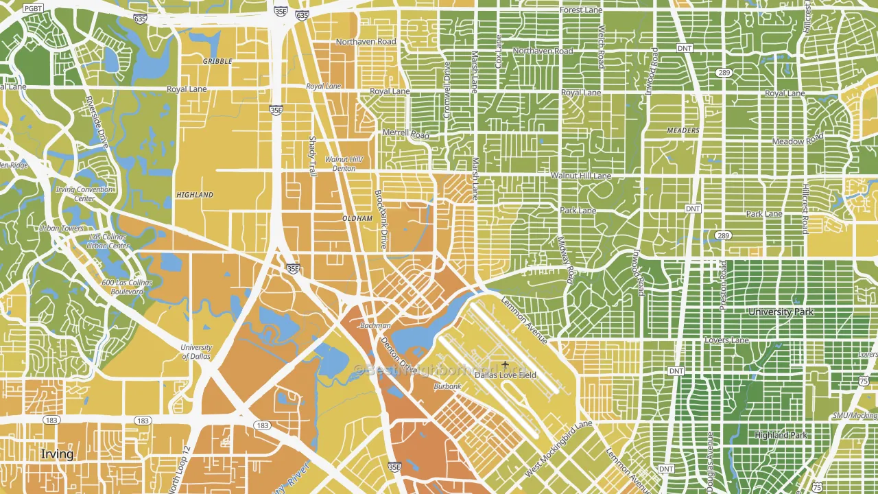 Map of the best neighborhoods in the 75220 area, with better matches in green and worse matches in red
