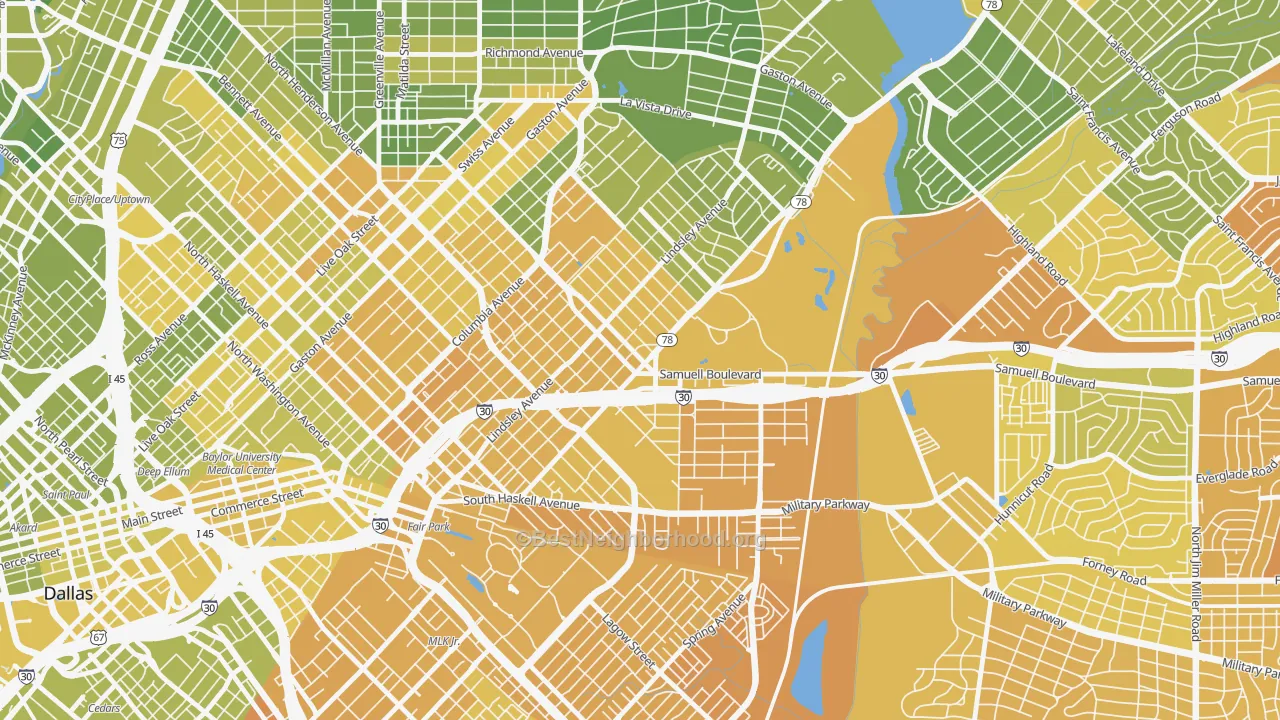 Map of the best neighborhoods in the 75223 area, with better matches in green and worse matches in red