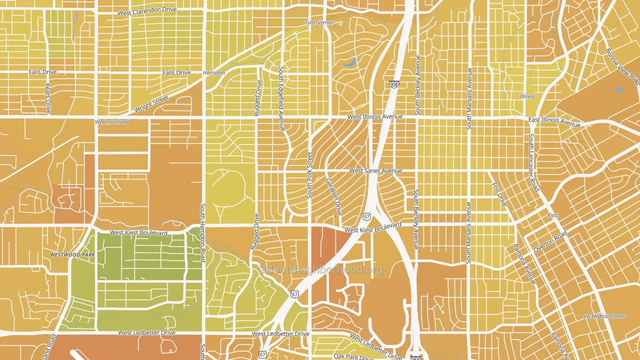 Map of the best neighborhoods in the 75224 area, with better matches in green and worse matches in red