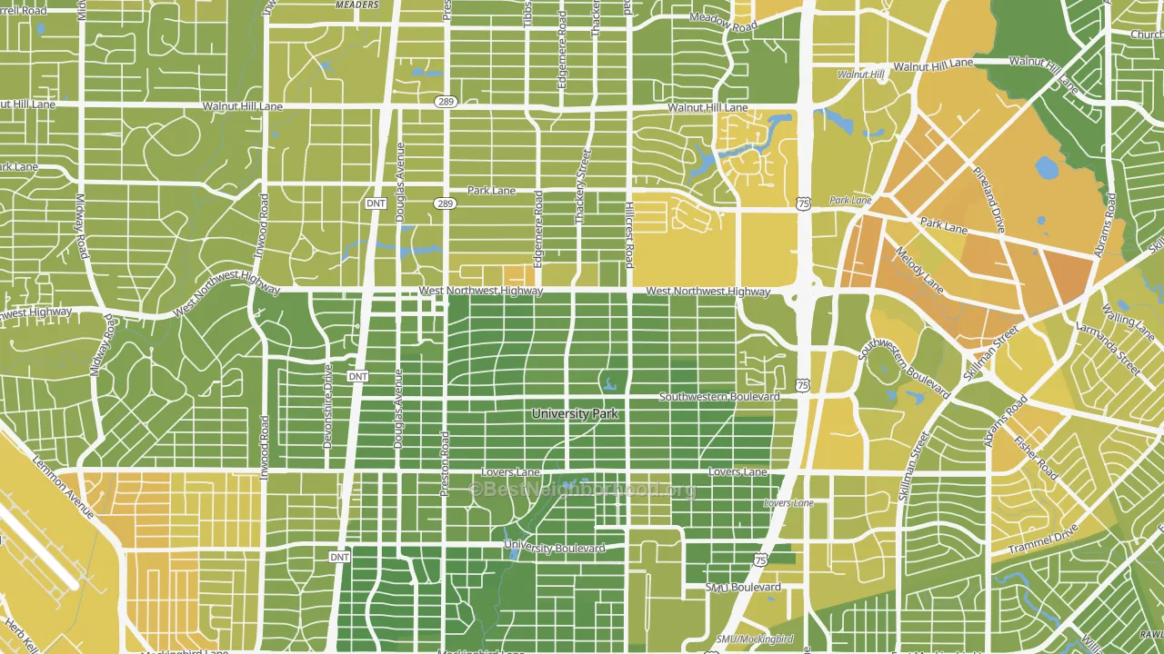 Map of the best neighborhoods in the 75225 area, with better matches in green and worse matches in red