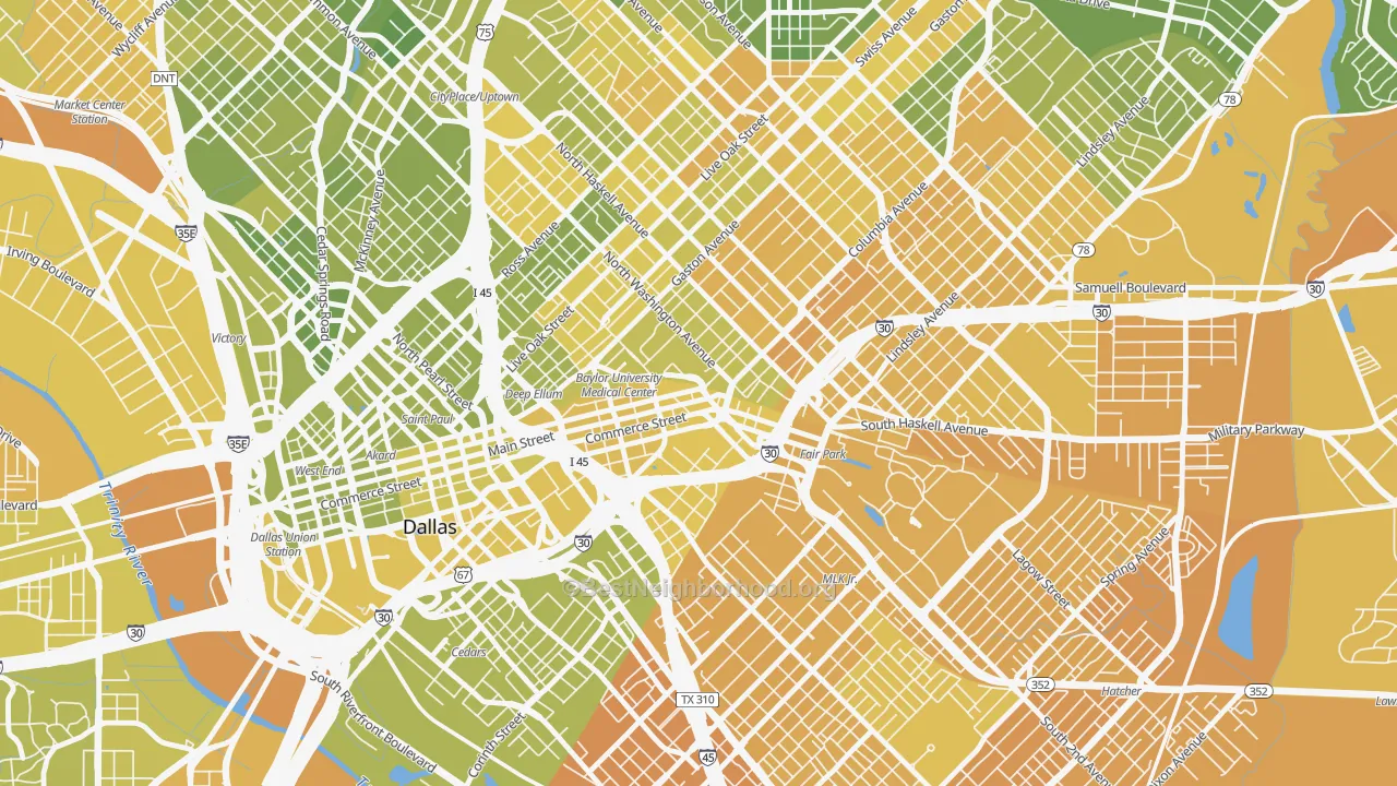 Map of the best neighborhoods in the 75226 area, with better matches in green and worse matches in red