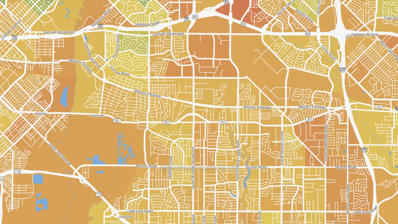 Map of the best neighborhoods in the 75227 area, with better matches in green and worse matches in red