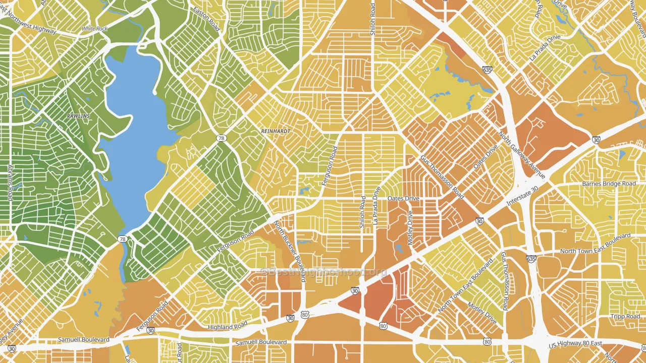 Map of the best neighborhoods in the 75228 area, with better matches in green and worse matches in red
