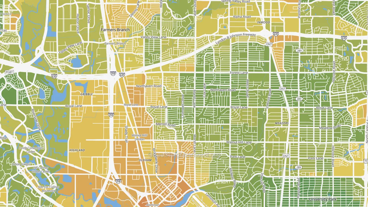 Map of the best neighborhoods in the 75229 area, with better matches in green and worse matches in red