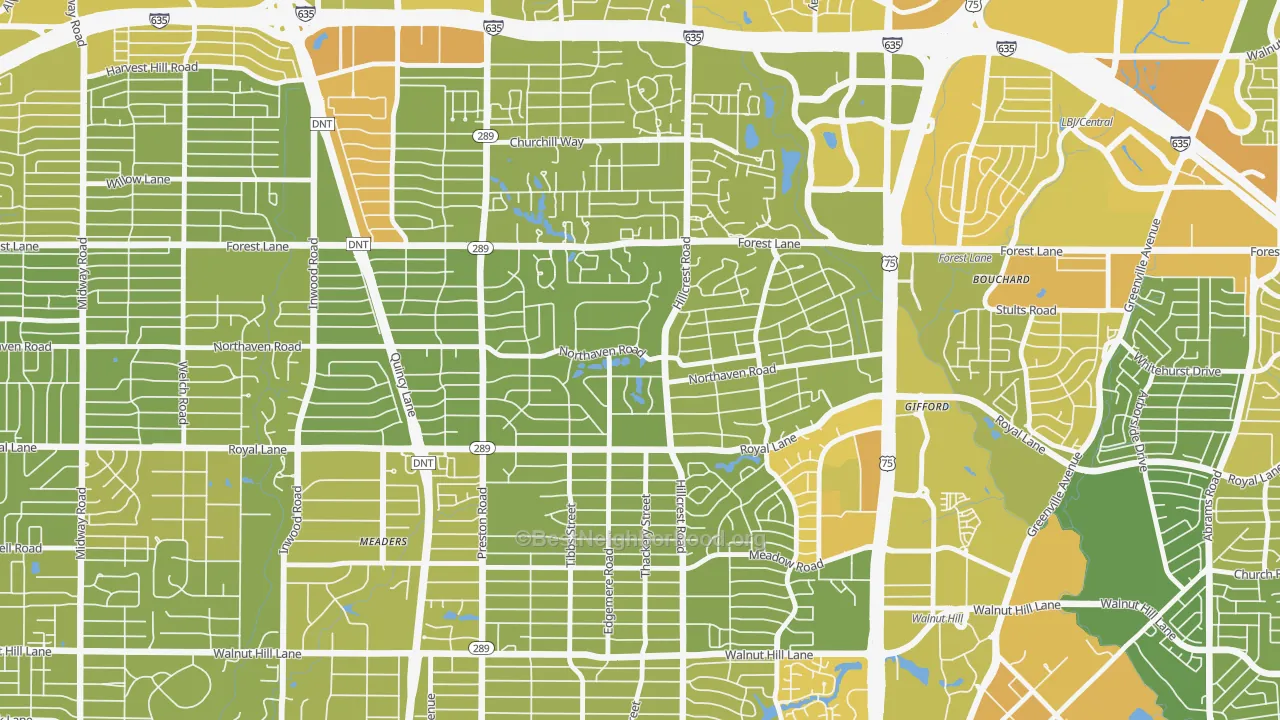 Map of the best neighborhoods in the 75230 area, with better matches in green and worse matches in red