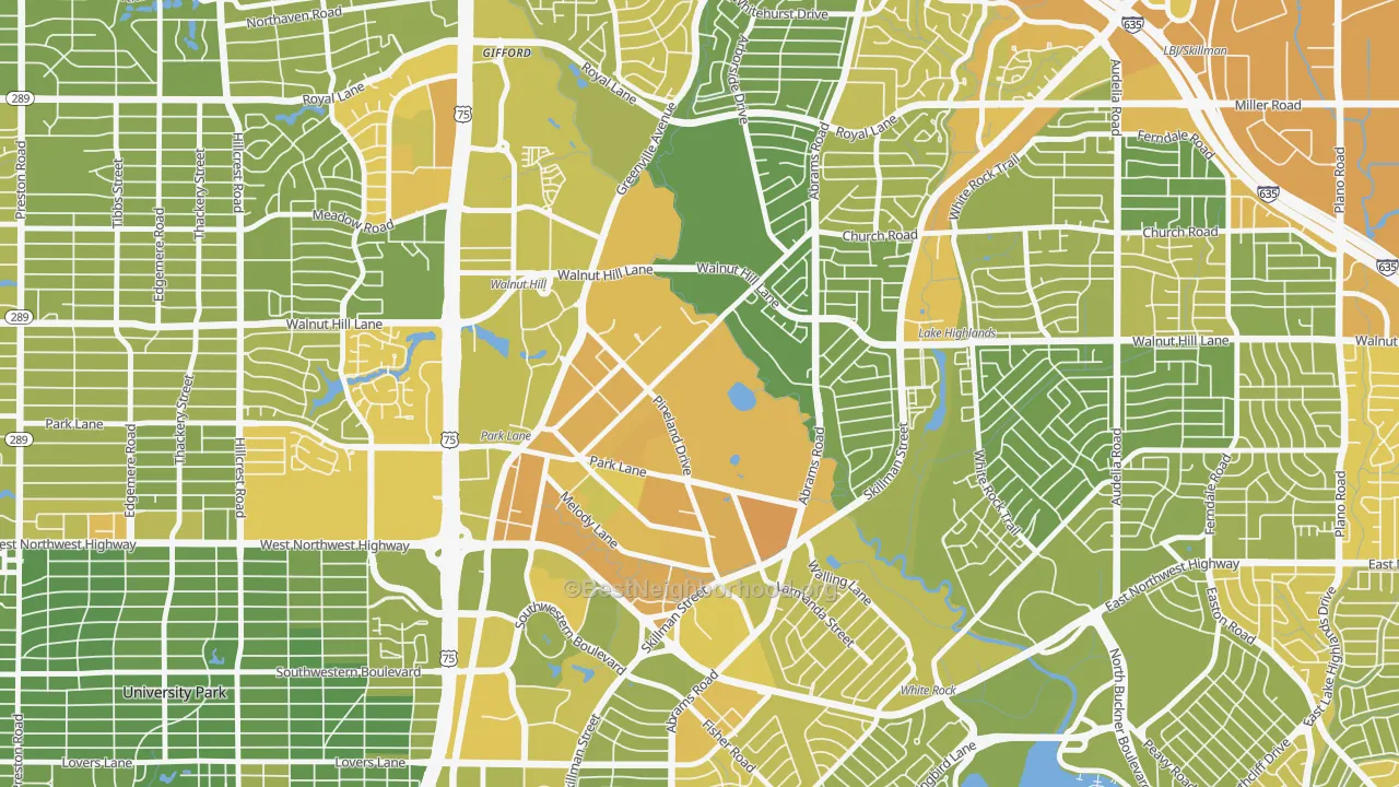 Map of the best neighborhoods in the 75231 area, with better matches in green and worse matches in red