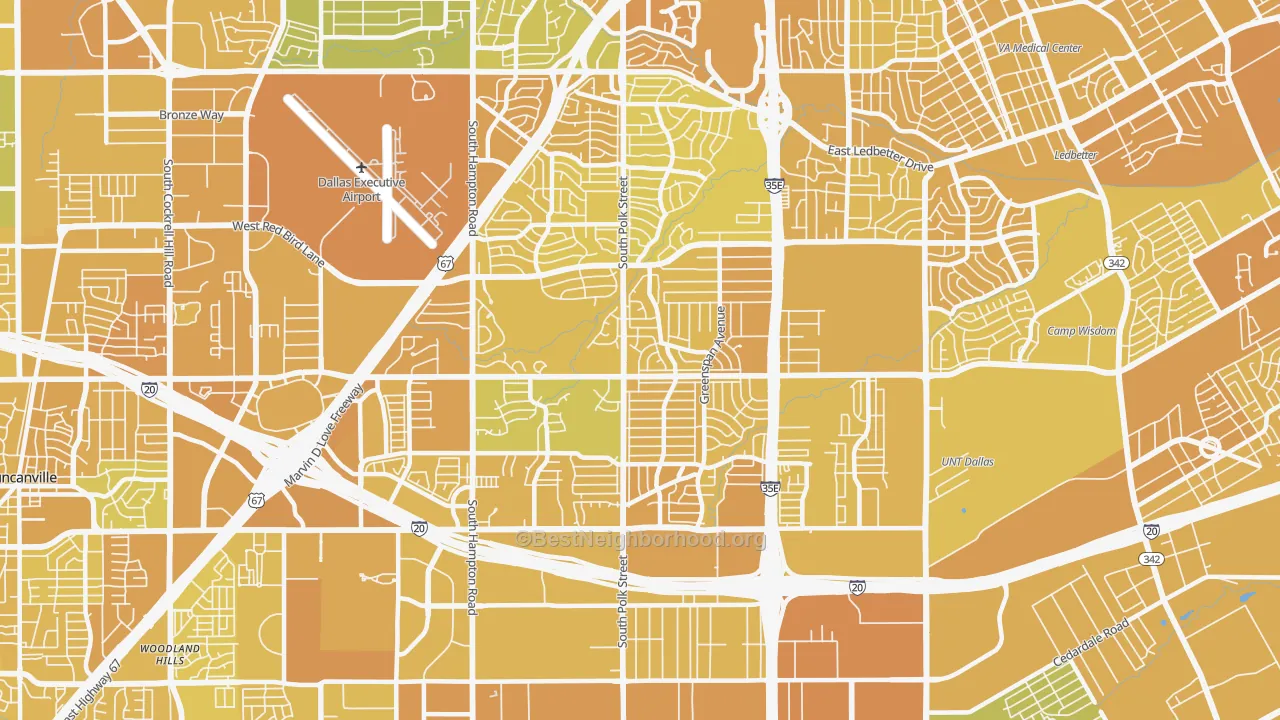 Map of the best neighborhoods in the 75232 area, with better matches in green and worse matches in red