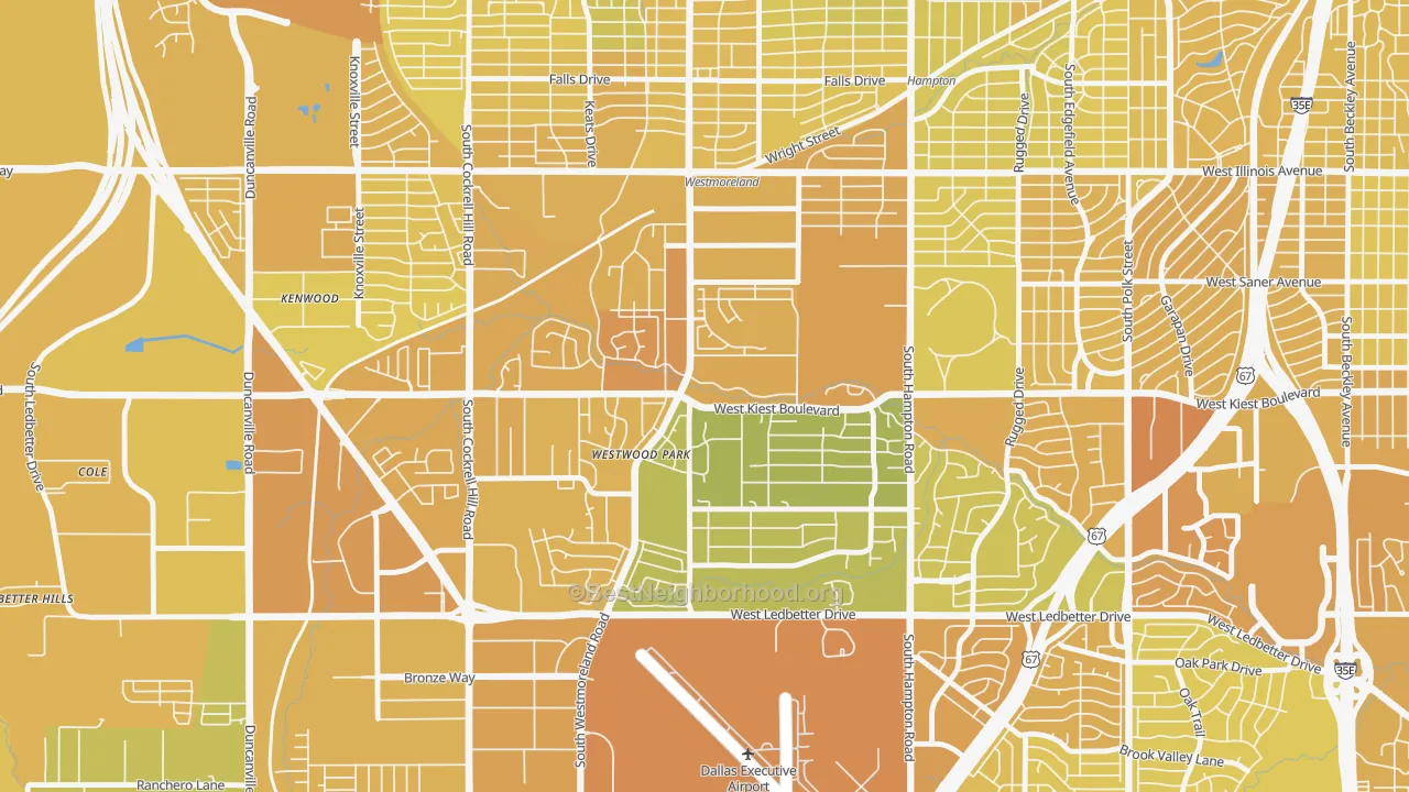 Map of the best neighborhoods in the 75233 area, with better matches in green and worse matches in red
