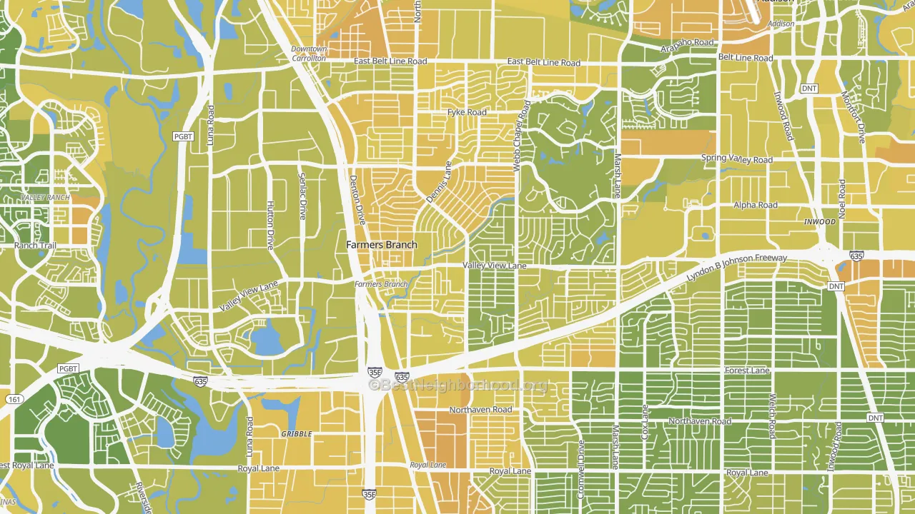 Map of the best neighborhoods in the 75234 area, with better matches in green and worse matches in red