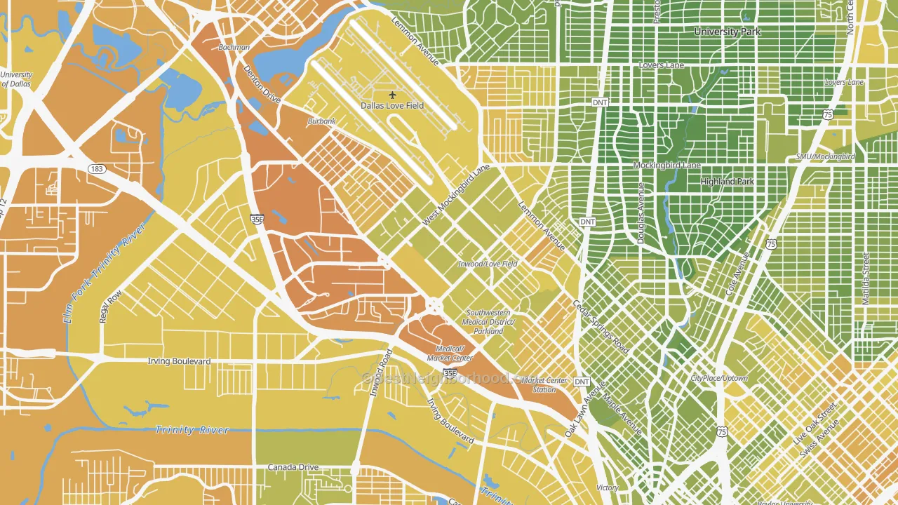 Map of the best neighborhoods in the 75235 area, with better matches in green and worse matches in red