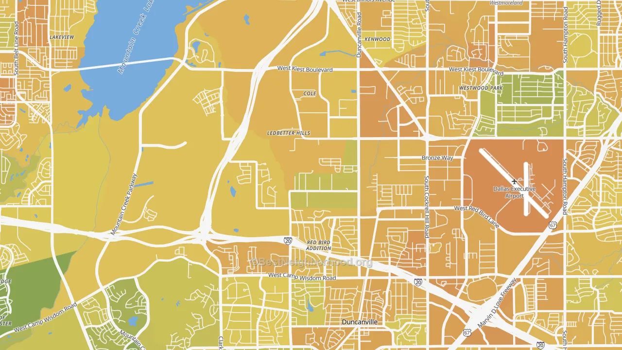 Map of the best neighborhoods in the 75236 area, with better matches in green and worse matches in red