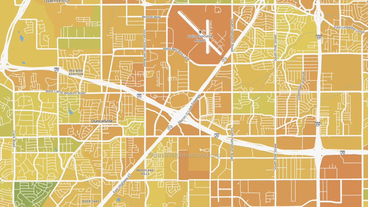 Map of the best neighborhoods in the 75237 area, with better matches in green and worse matches in red
