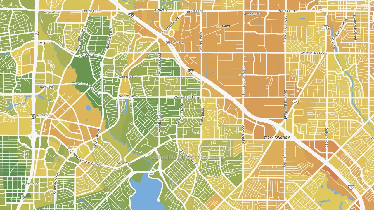 Map of the best neighborhoods in the 75238 area, with better matches in green and worse matches in red
