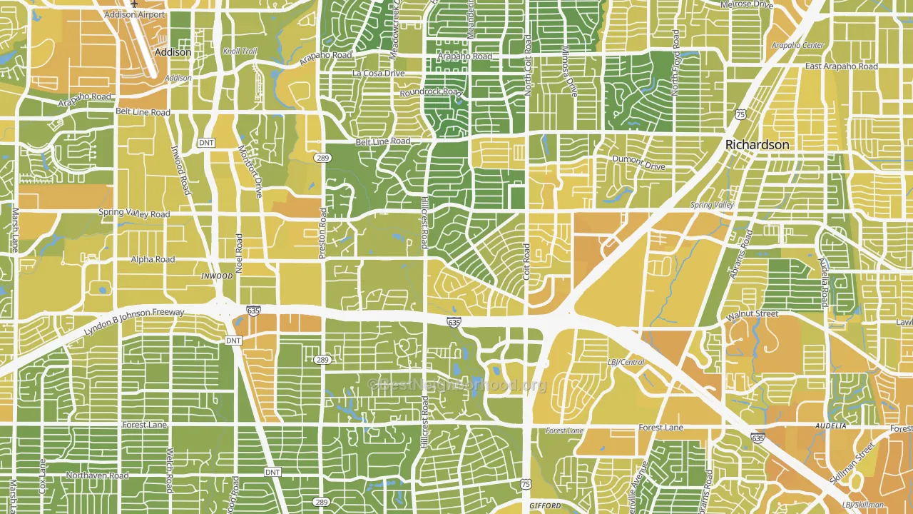 Map of the best neighborhoods in the 75240 area, with better matches in green and worse matches in red