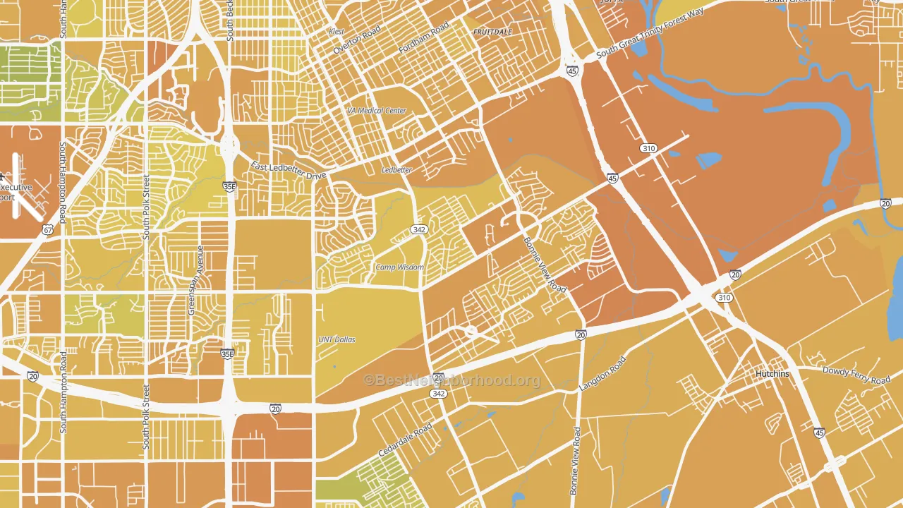 Map of the best neighborhoods in the 75241 area, with better matches in green and worse matches in red
