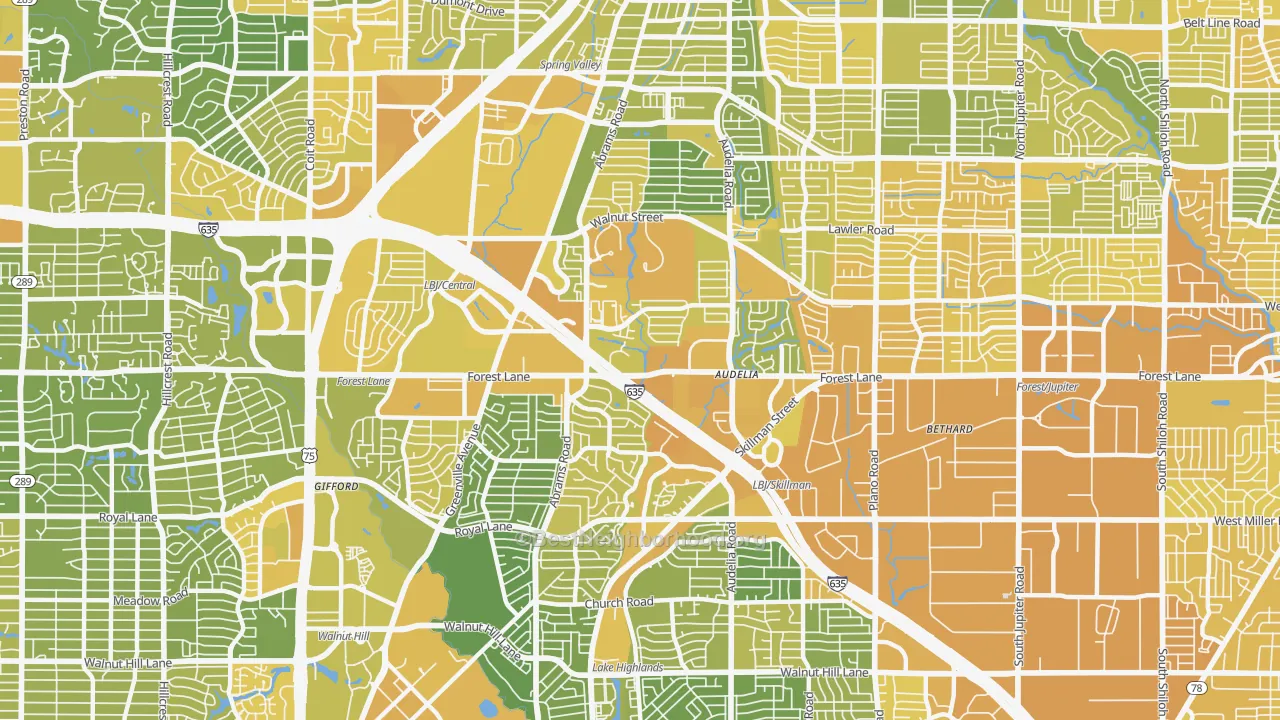 Map of the best neighborhoods in the 75243 area, with better matches in green and worse matches in red