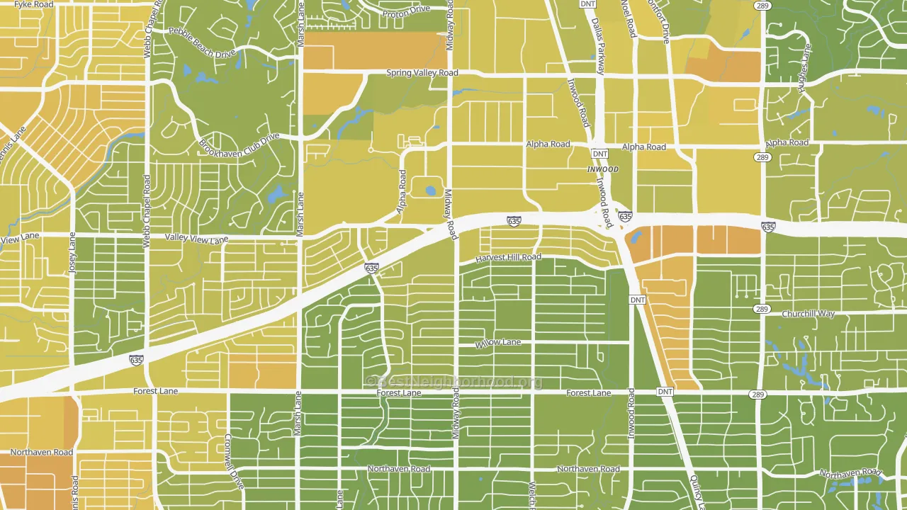 Map of the best neighborhoods in the 75244 area, with better matches in green and worse matches in red