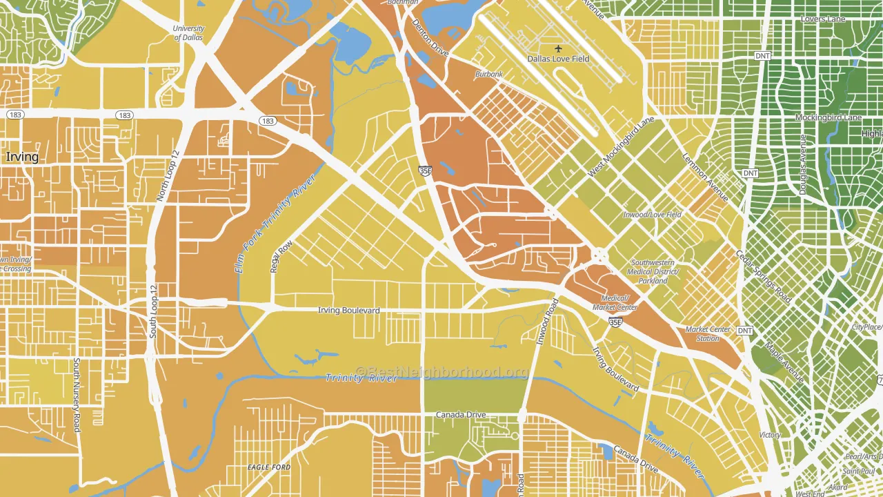 Map of the best neighborhoods in the 75247 area, with better matches in green and worse matches in red