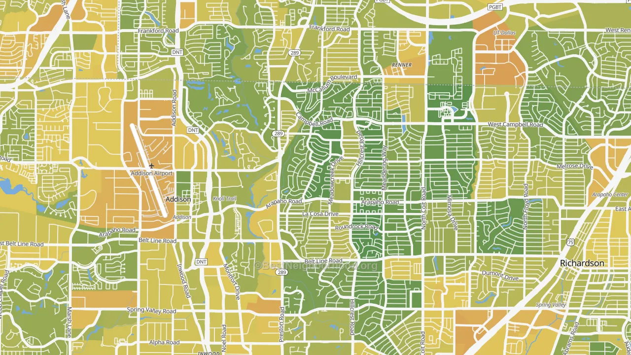 Map of the best neighborhoods in the 75248 area, with better matches in green and worse matches in red