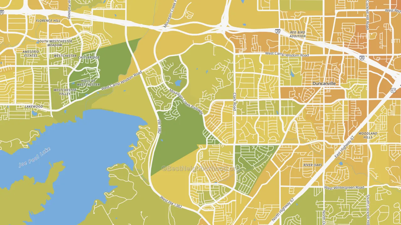 Map of the best neighborhoods in the 75249 area, with better matches in green and worse matches in red