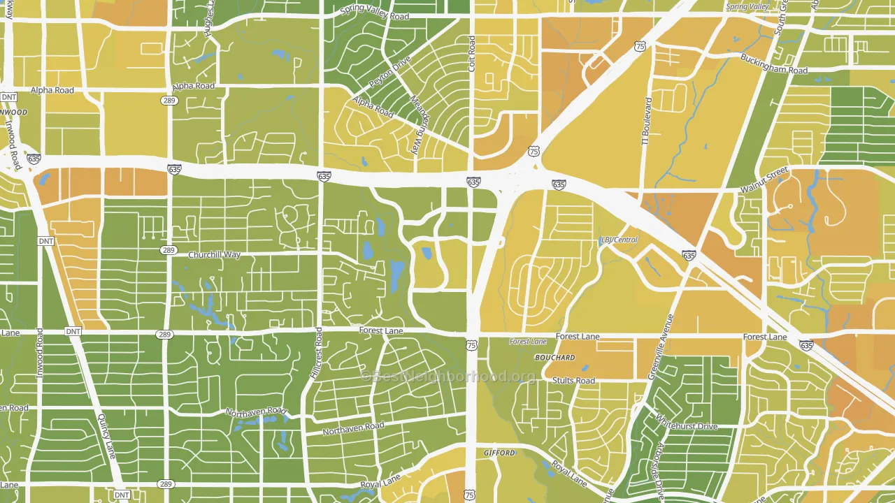 Map of the best neighborhoods in the 75251 area, with better matches in green and worse matches in red