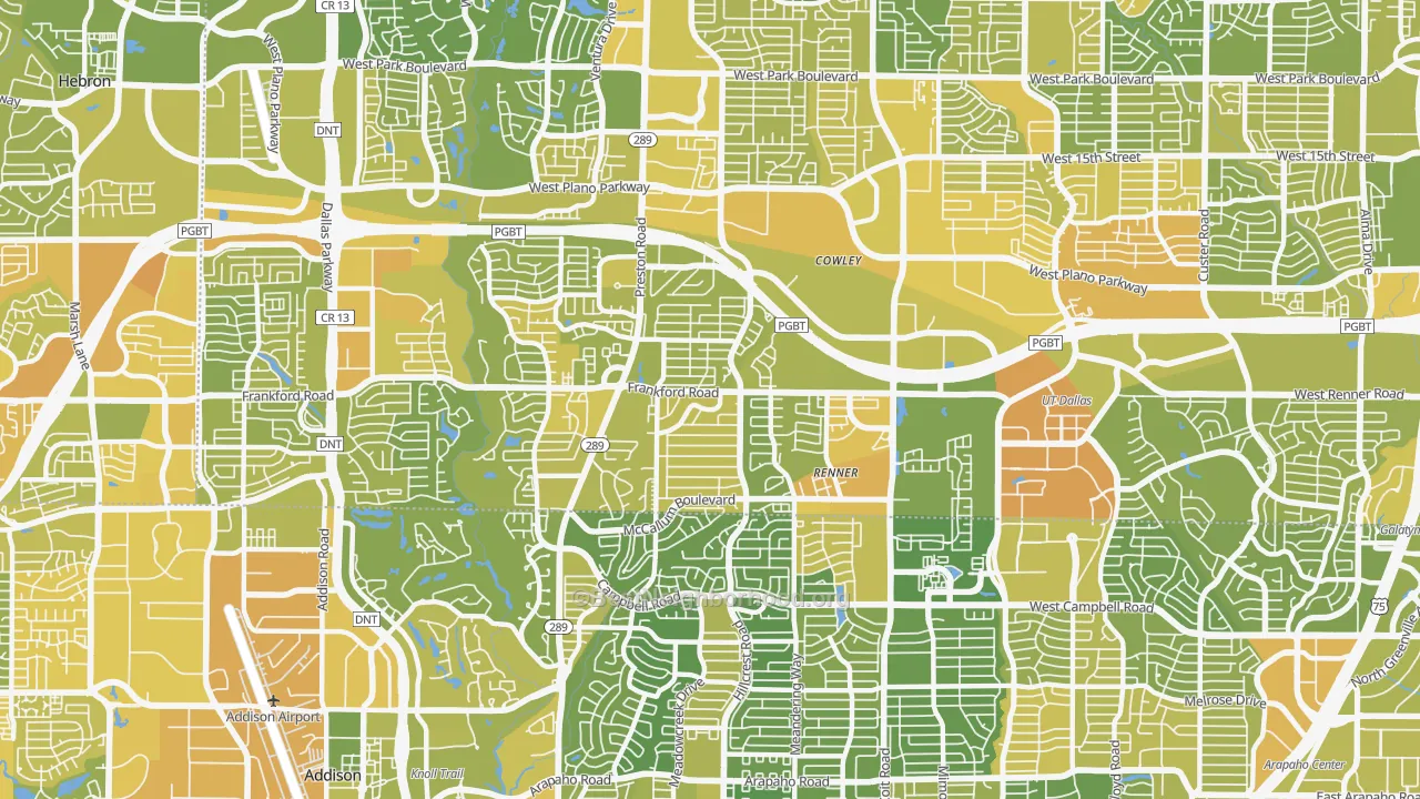 Map of the best neighborhoods in the 75252 area, with better matches in green and worse matches in red