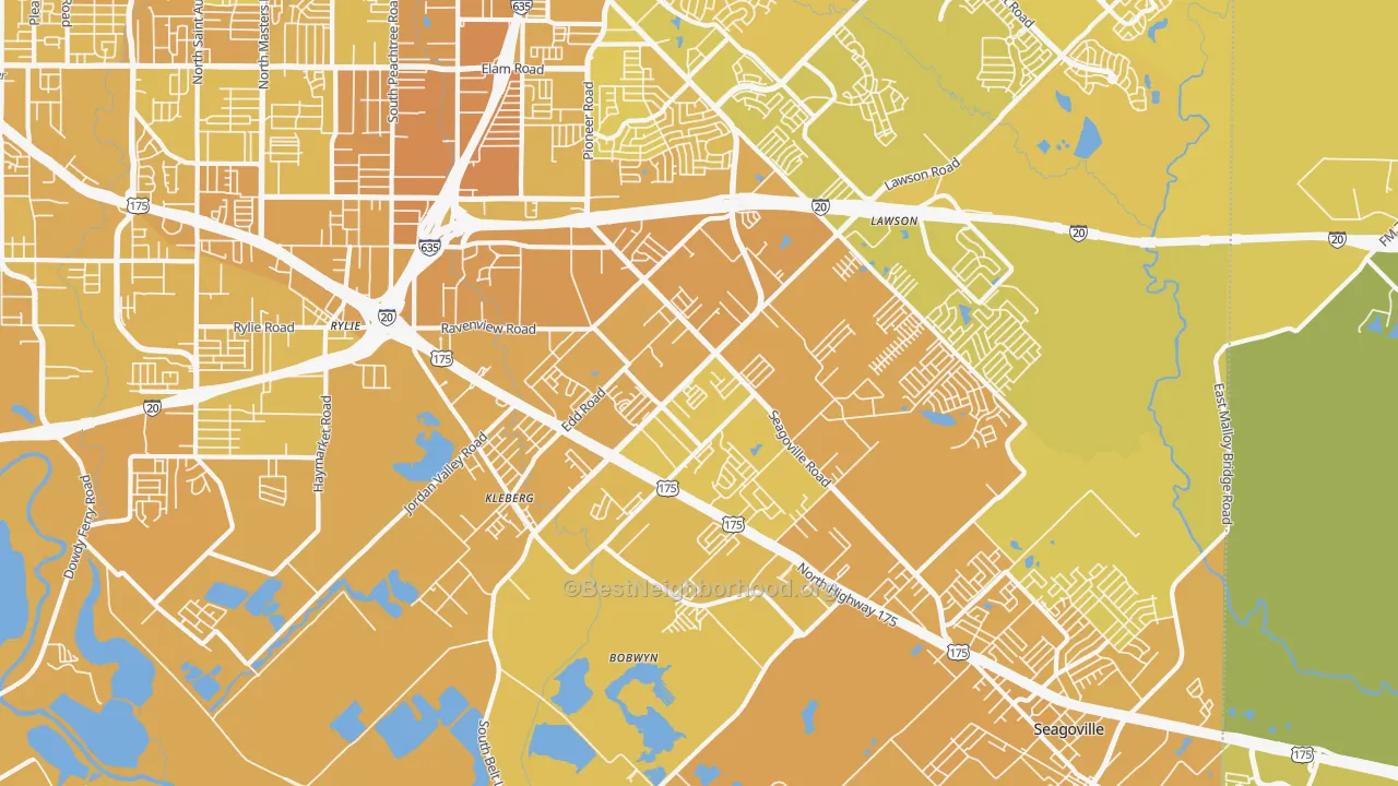 Map of the best neighborhoods in the 75253 area, with better matches in green and worse matches in red