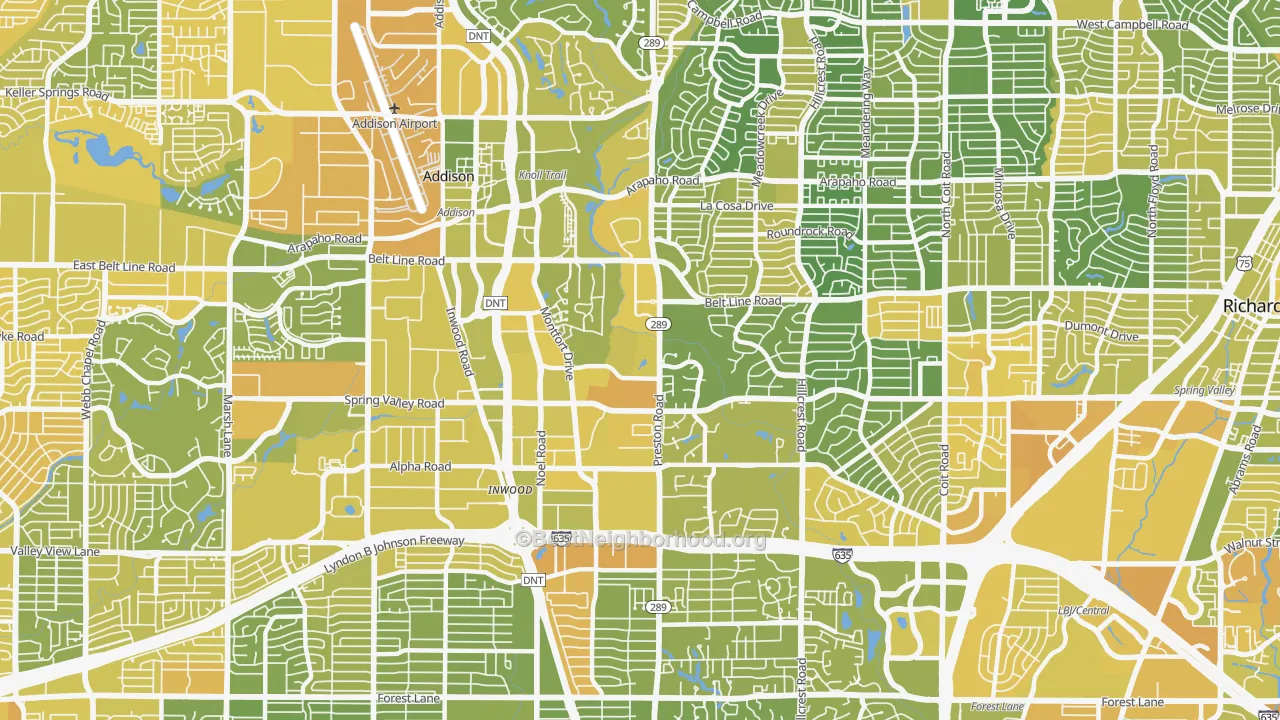 Map of the best neighborhoods in the 75254 area, with better matches in green and worse matches in red