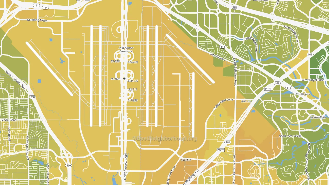 Map of the best neighborhoods in the 75261 area, with better matches in green and worse matches in red