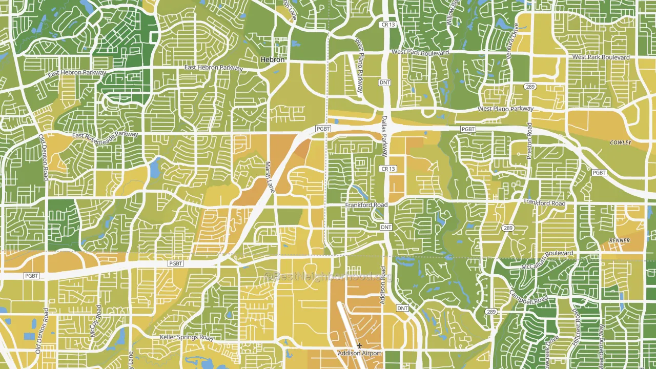 Map of the best neighborhoods in the 75287 area, with better matches in green and worse matches in red