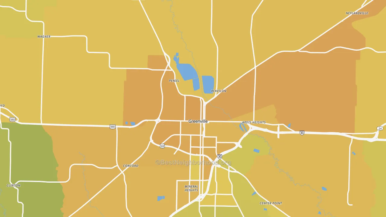 Map of the best neighborhoods in the 75401 area, with better matches in green and worse matches in red