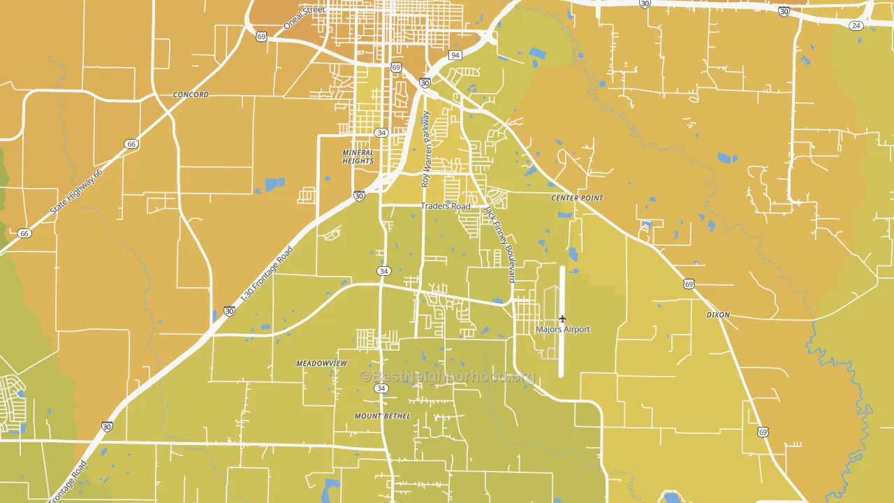 Map of the best neighborhoods in the 75402 area, with better matches in green and worse matches in red