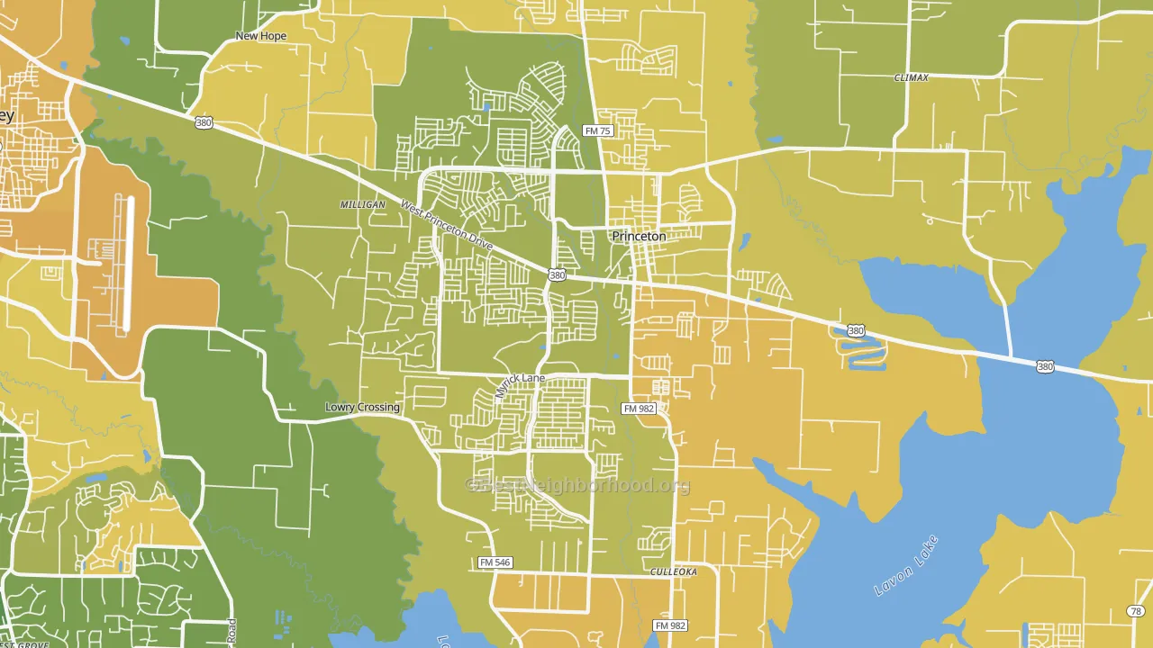 Map of the best neighborhoods in the 75407 area, with better matches in green and worse matches in red