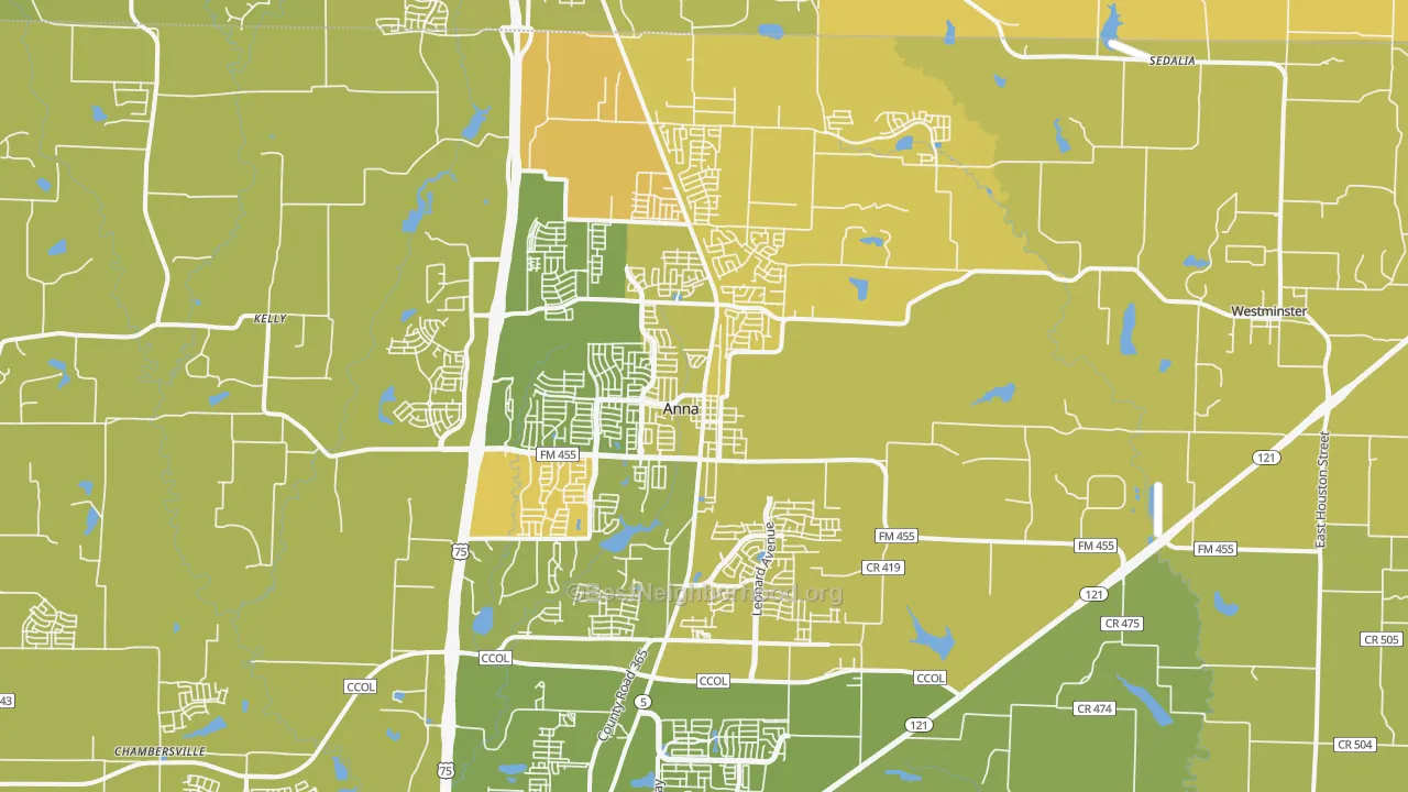 Map of the best neighborhoods in the 75409 area, with better matches in green and worse matches in red