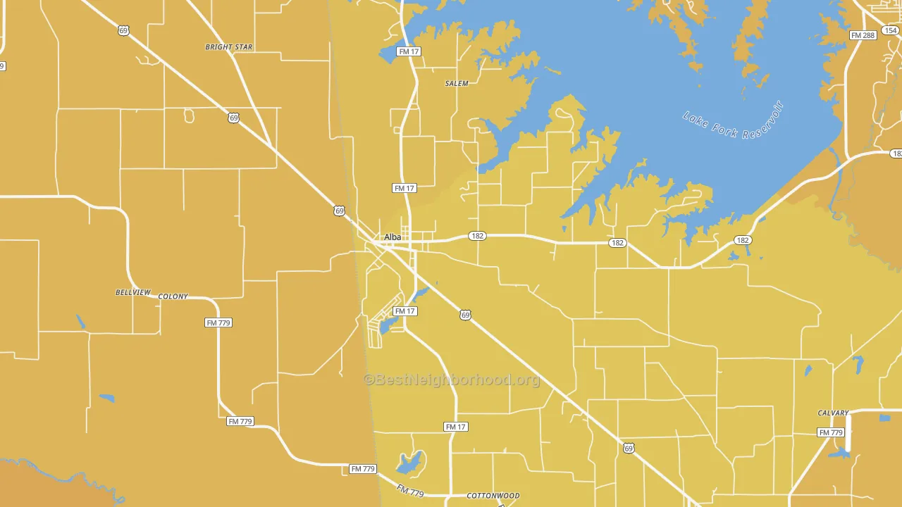 Map of the best neighborhoods in the 75410 area, with better matches in green and worse matches in red