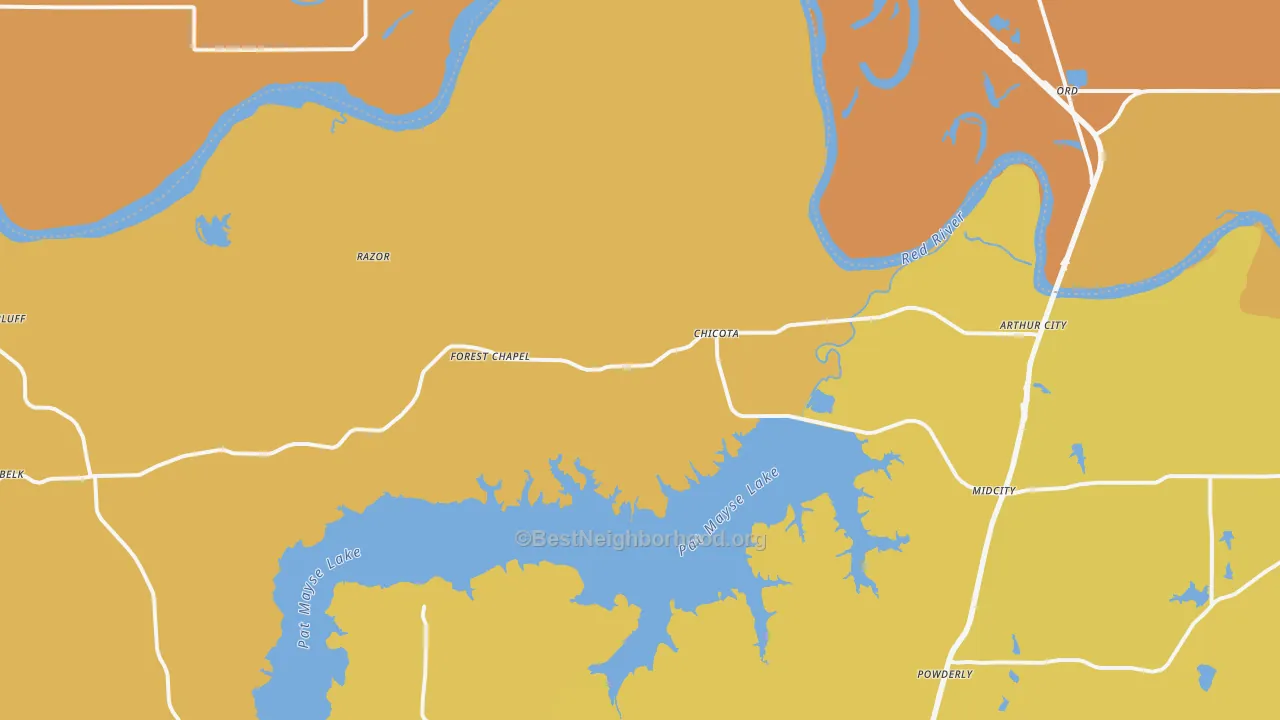 Map of the best neighborhoods in the 75411 area, with better matches in green and worse matches in red
