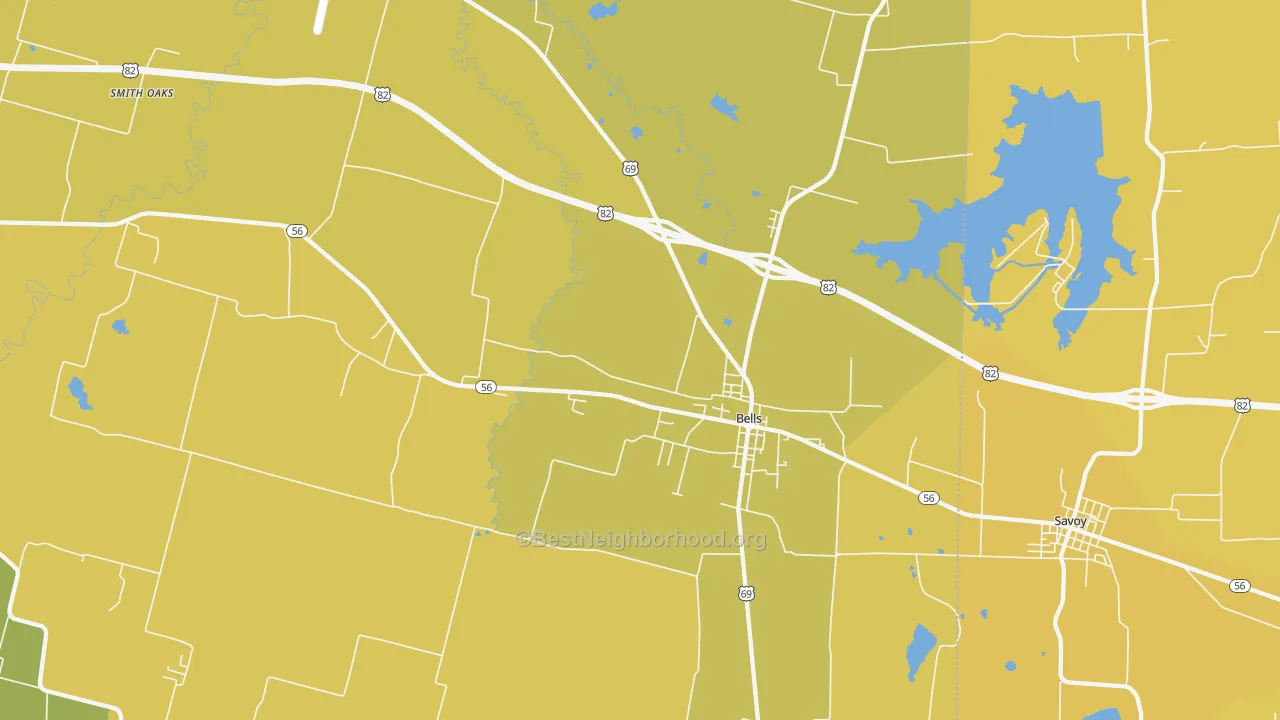 Map of the best neighborhoods in the 75414 area, with better matches in green and worse matches in red