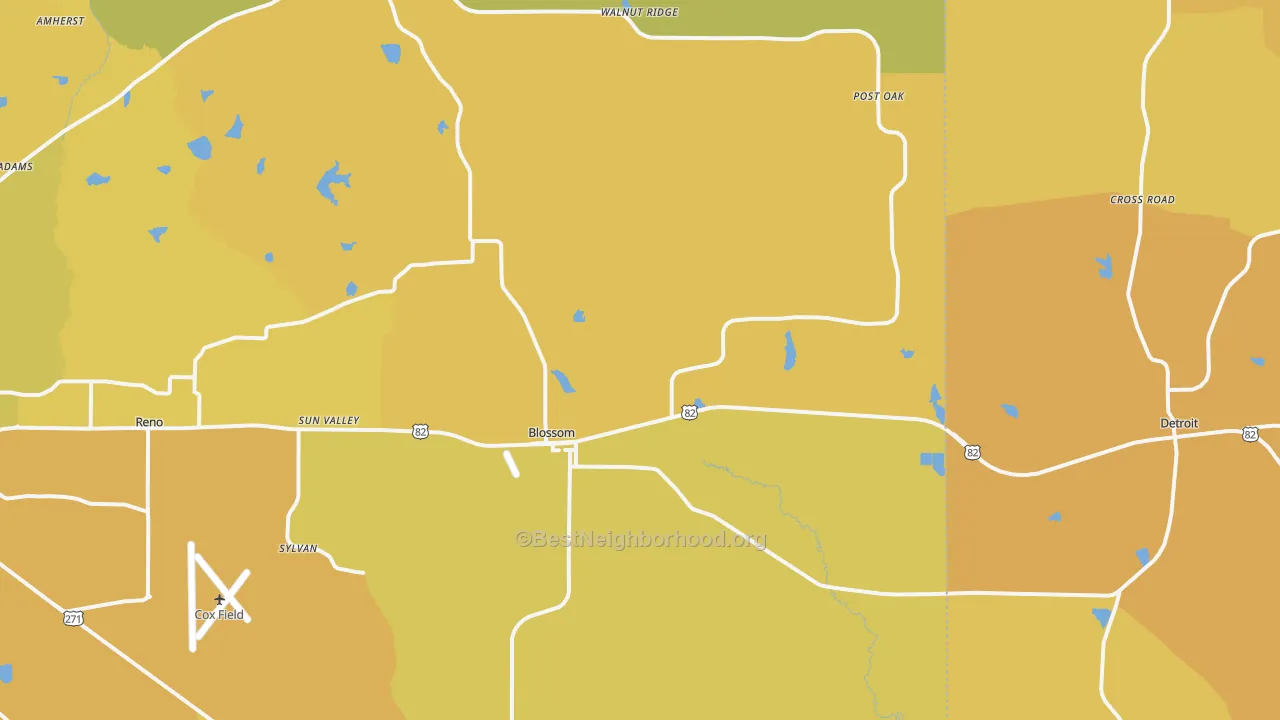 Map of the best neighborhoods in the 75416 area, with better matches in green and worse matches in red