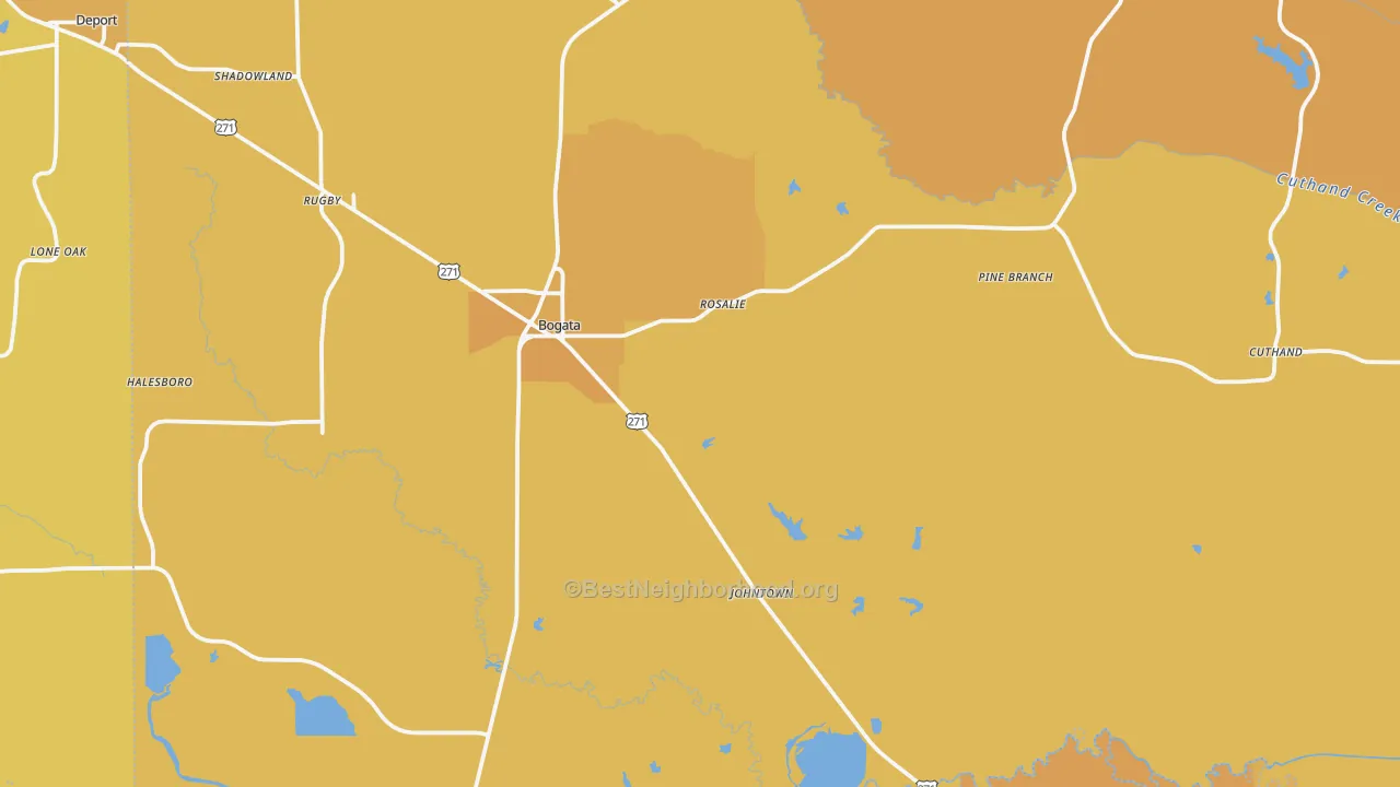 Map of the best neighborhoods in the 75417 area, with better matches in green and worse matches in red