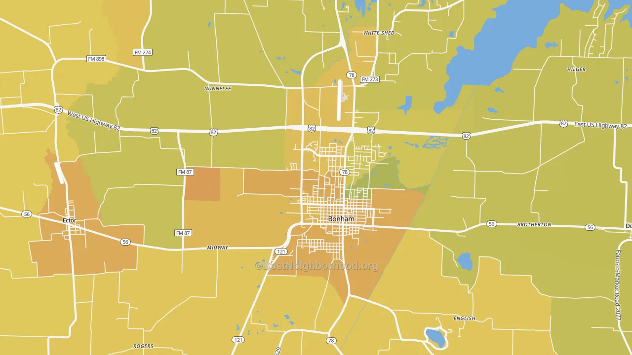Map of the best neighborhoods in the 75418 area, with better matches in green and worse matches in red