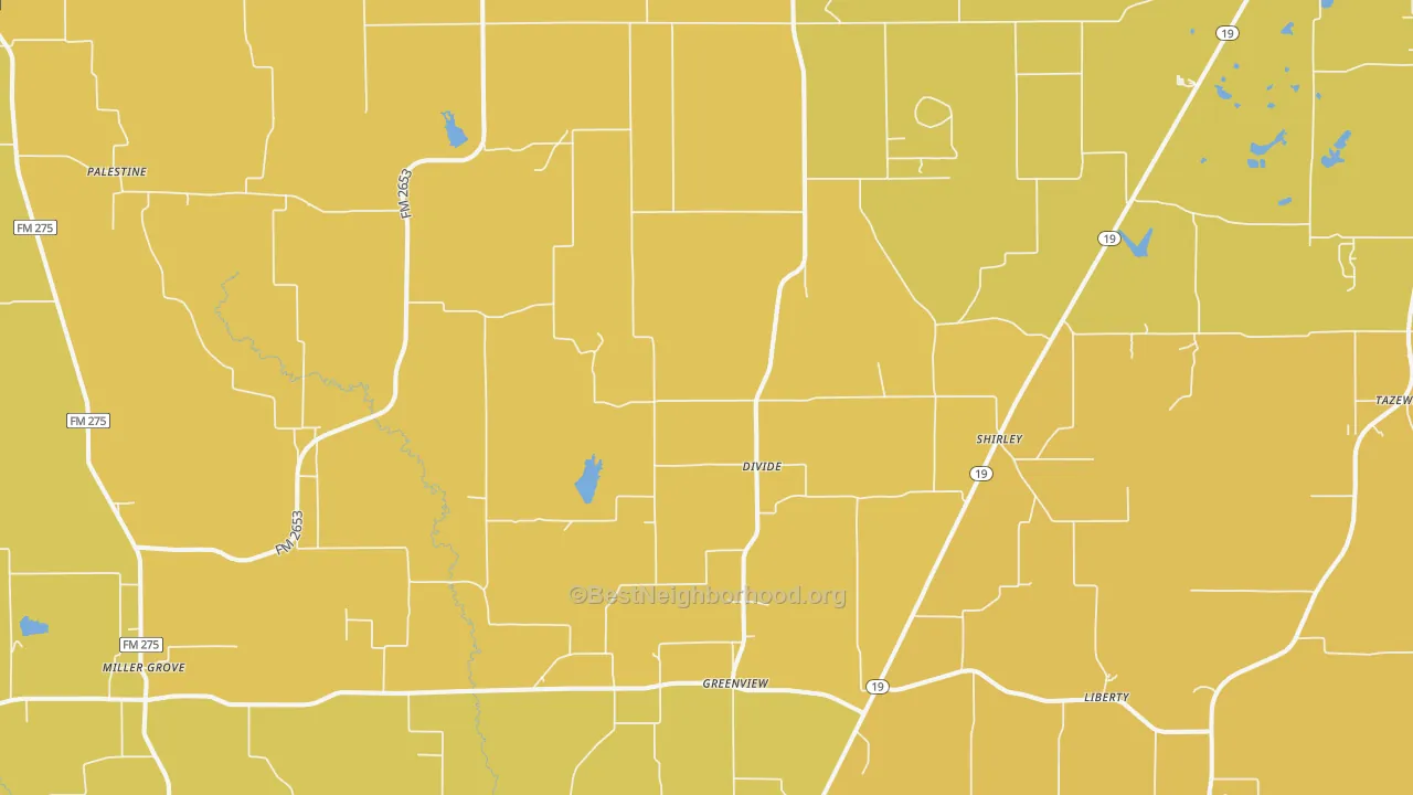Map of the best neighborhoods in the 75420 area, with better matches in green and worse matches in red
