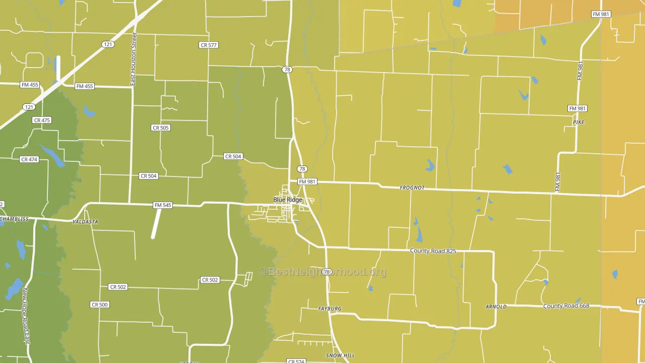 Map of the best neighborhoods in the 75424 area, with better matches in green and worse matches in red