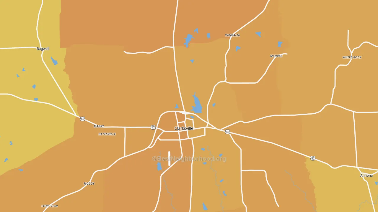 Map of the best neighborhoods in the 75426 area, with better matches in green and worse matches in red