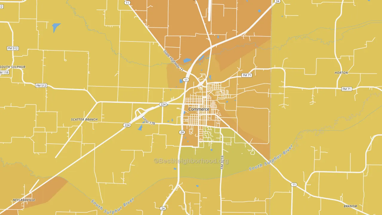 Map of the best neighborhoods in the 75428 area, with better matches in green and worse matches in red