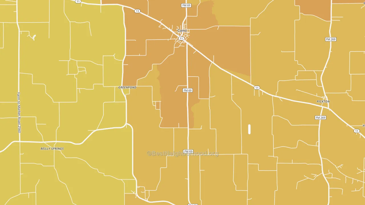 Map of the best neighborhoods in the 75431 area, with better matches in green and worse matches in red