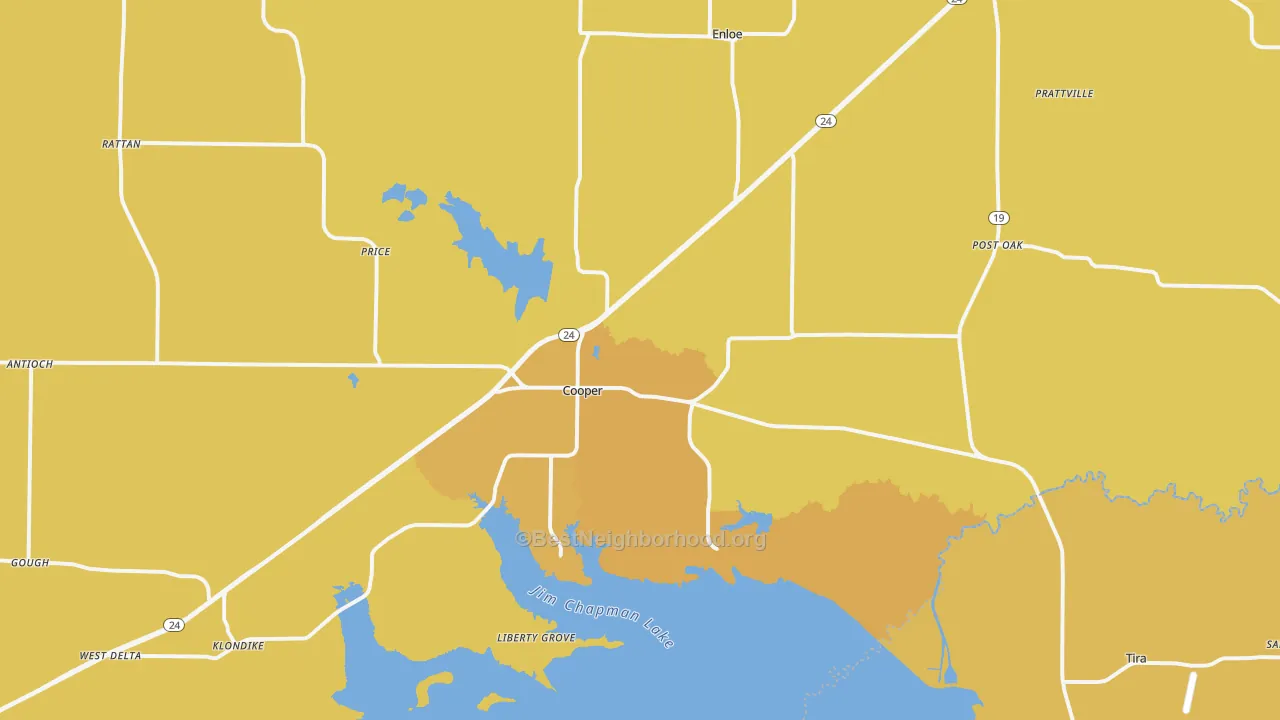 Map of the best neighborhoods in the 75432 area, with better matches in green and worse matches in red