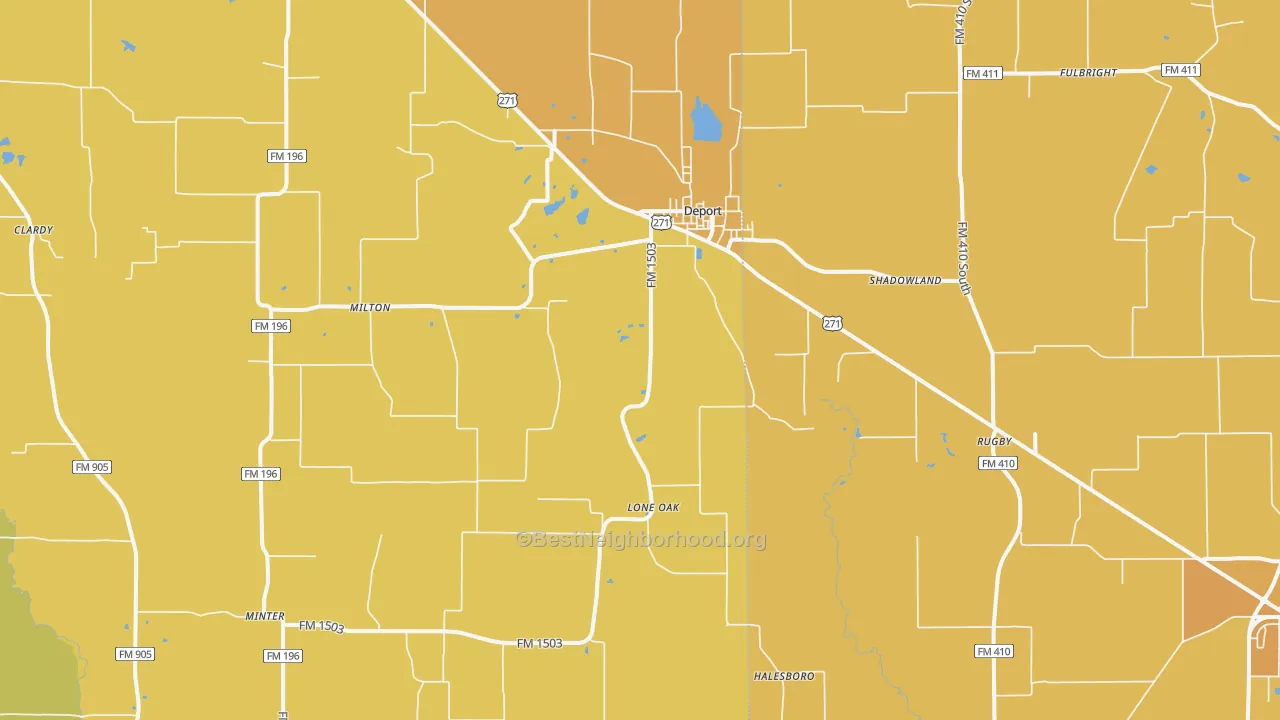 Map of the best neighborhoods in the 75435 area, with better matches in green and worse matches in red