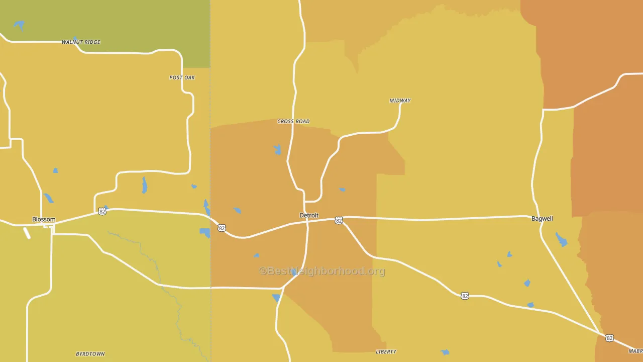 Map of the best neighborhoods in the 75436 area, with better matches in green and worse matches in red