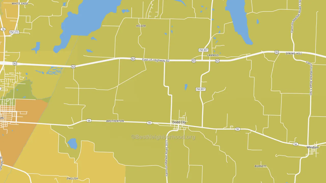 Map of the best neighborhoods in the 75438 area, with better matches in green and worse matches in red