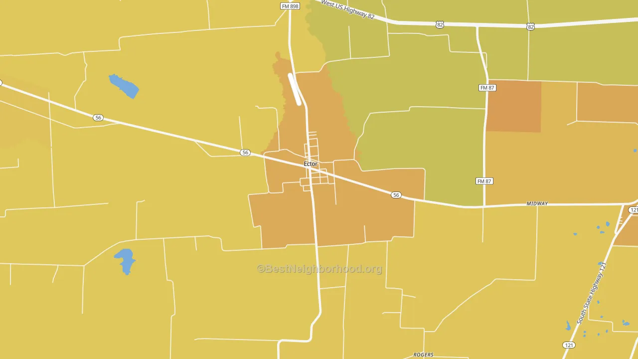 Map of the best neighborhoods in the 75439 area, with better matches in green and worse matches in red